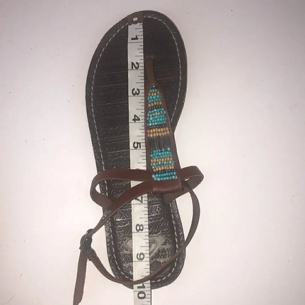 Roxy Sandals T-Strap Women's Size 7/7.5 Brown Multicolor Beading Leather